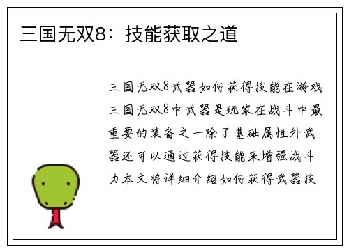 三国无双8：技能获取之道