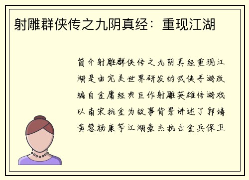 射雕群侠传之九阴真经：重现江湖