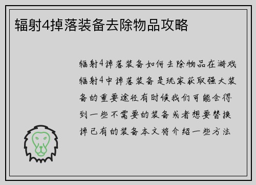 辐射4掉落装备去除物品攻略